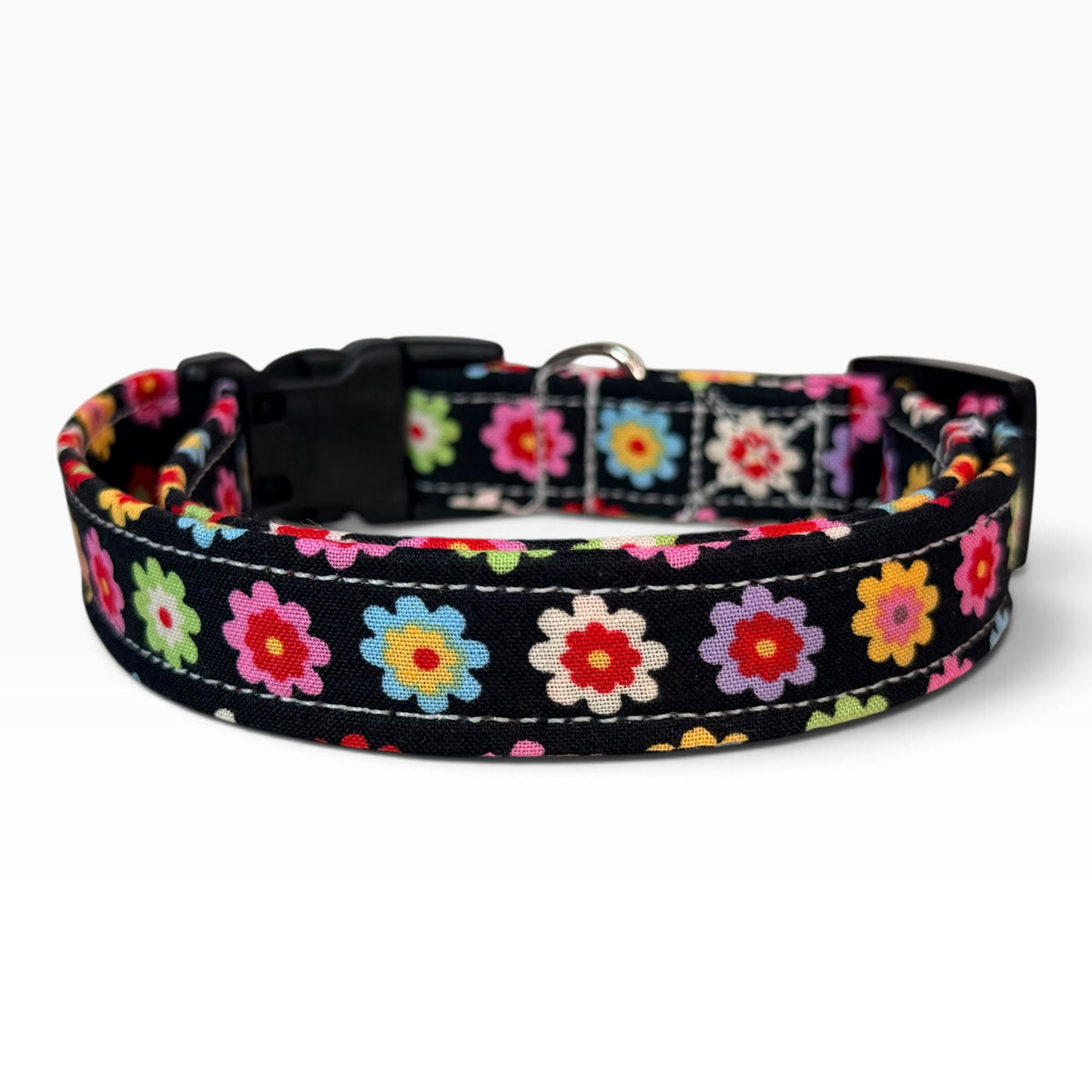 Rainbow Daisy Floral Handmade dog collar,  Handmade Pet Collar with Heavy-Duty Webbing & Stainless Steel Hardware