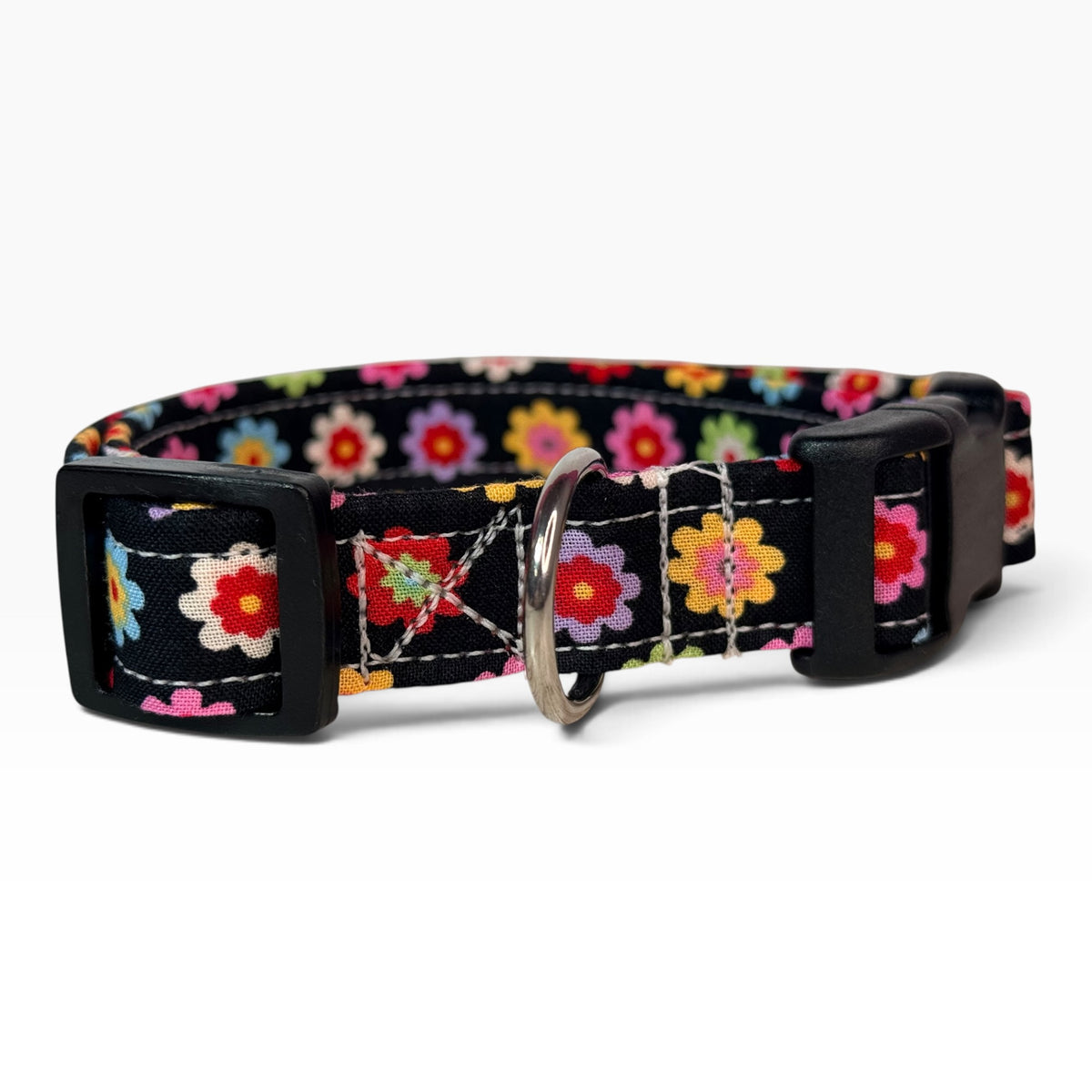 Rainbow Daisy Floral Handmade dog collar,  Handmade Pet Collar with Heavy-Duty Webbing & Stainless Steel Hardware