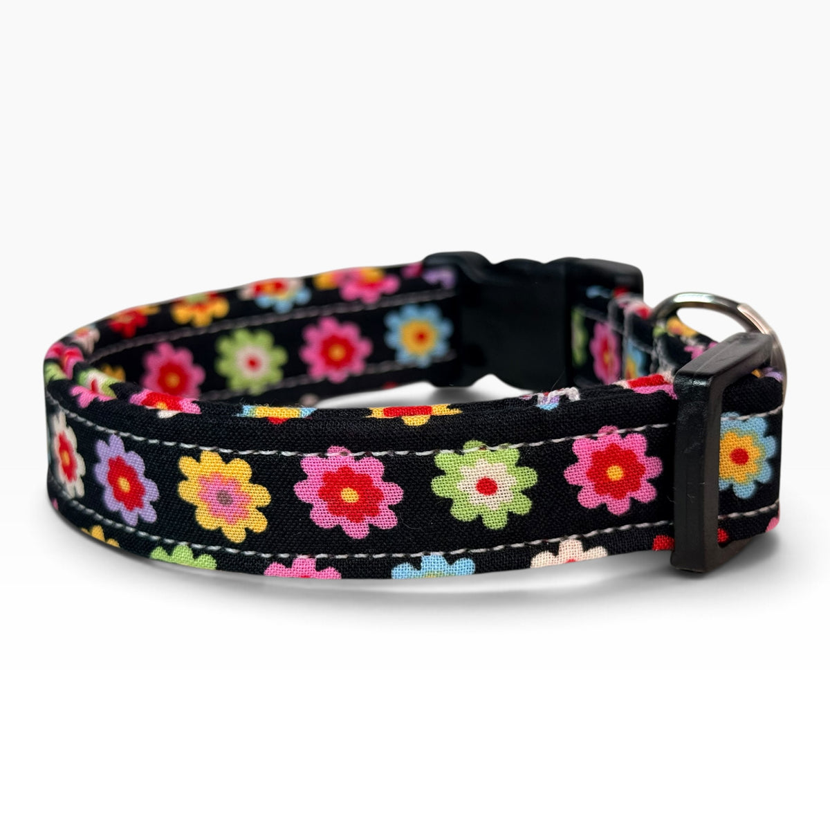 Rainbow Daisy Floral Handmade dog collar,  Handmade Pet Collar with Heavy-Duty Webbing & Stainless Steel Hardware