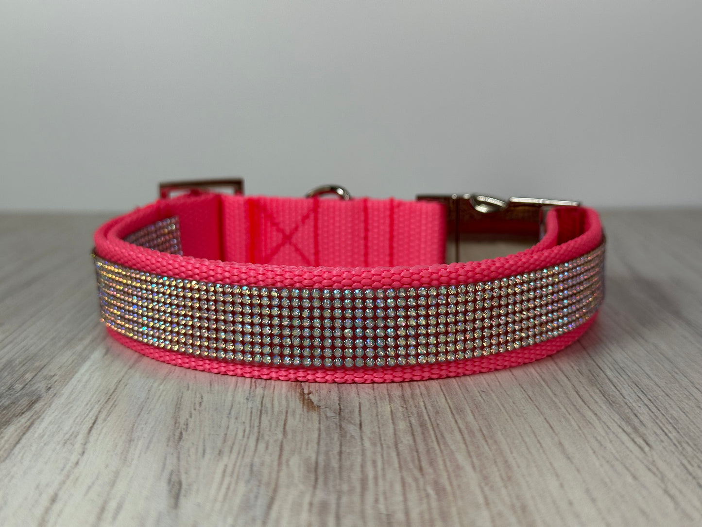 Rhinestone and Webbing Dog collar, Pink with AB Rhinestones and engrave-able silver hardware