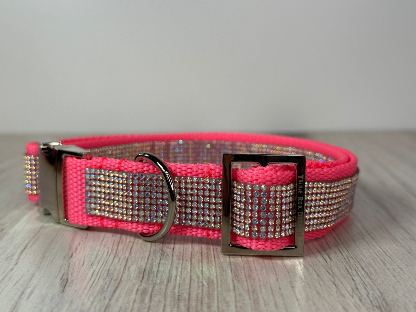 Rhinestone and Webbing Dog collar, Pink with AB Rhinestones and engrave-able silver hardware