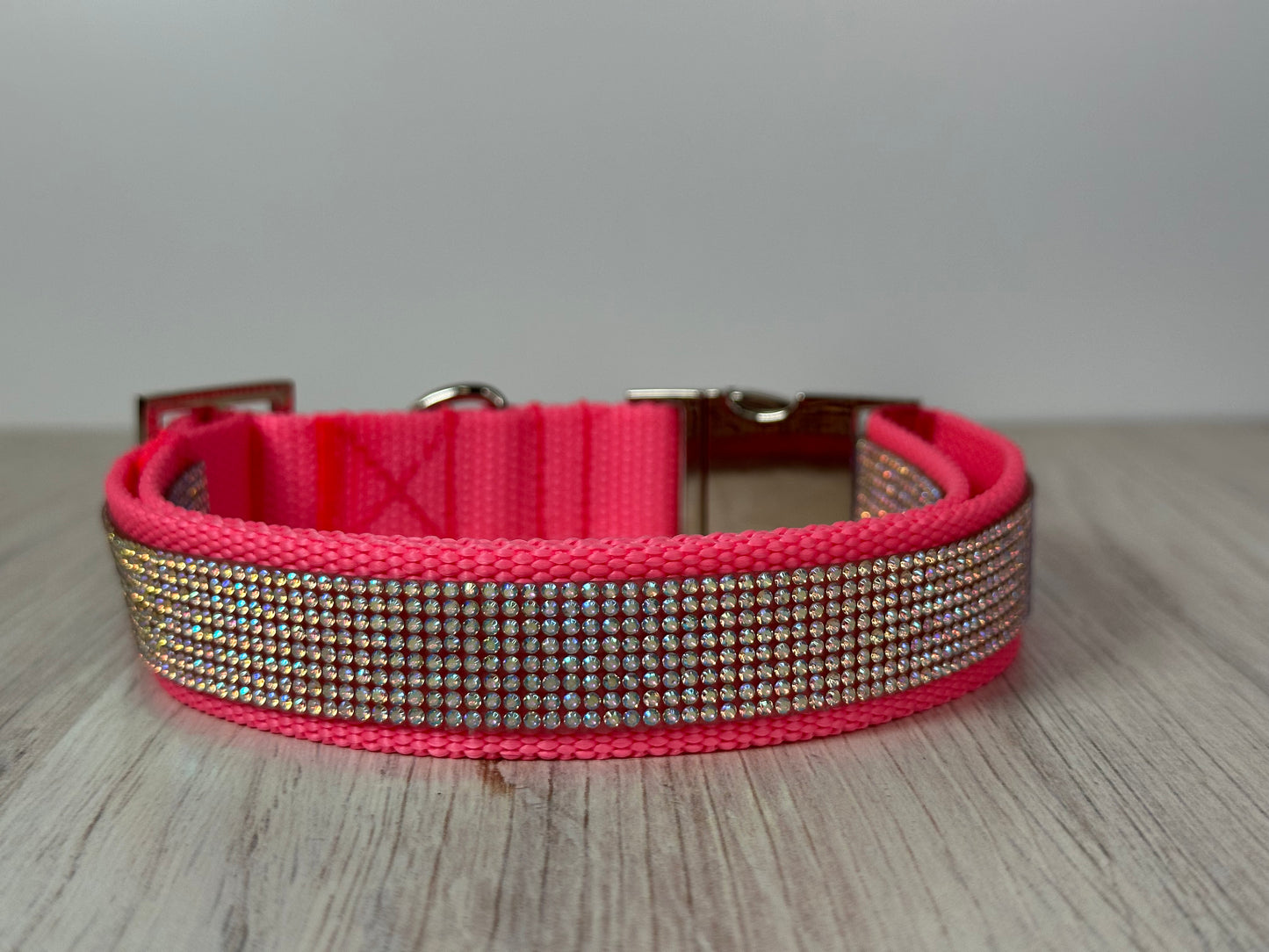 Rhinestone and Webbing Dog collar, Pink with AB Rhinestones and engrave-able silver hardware