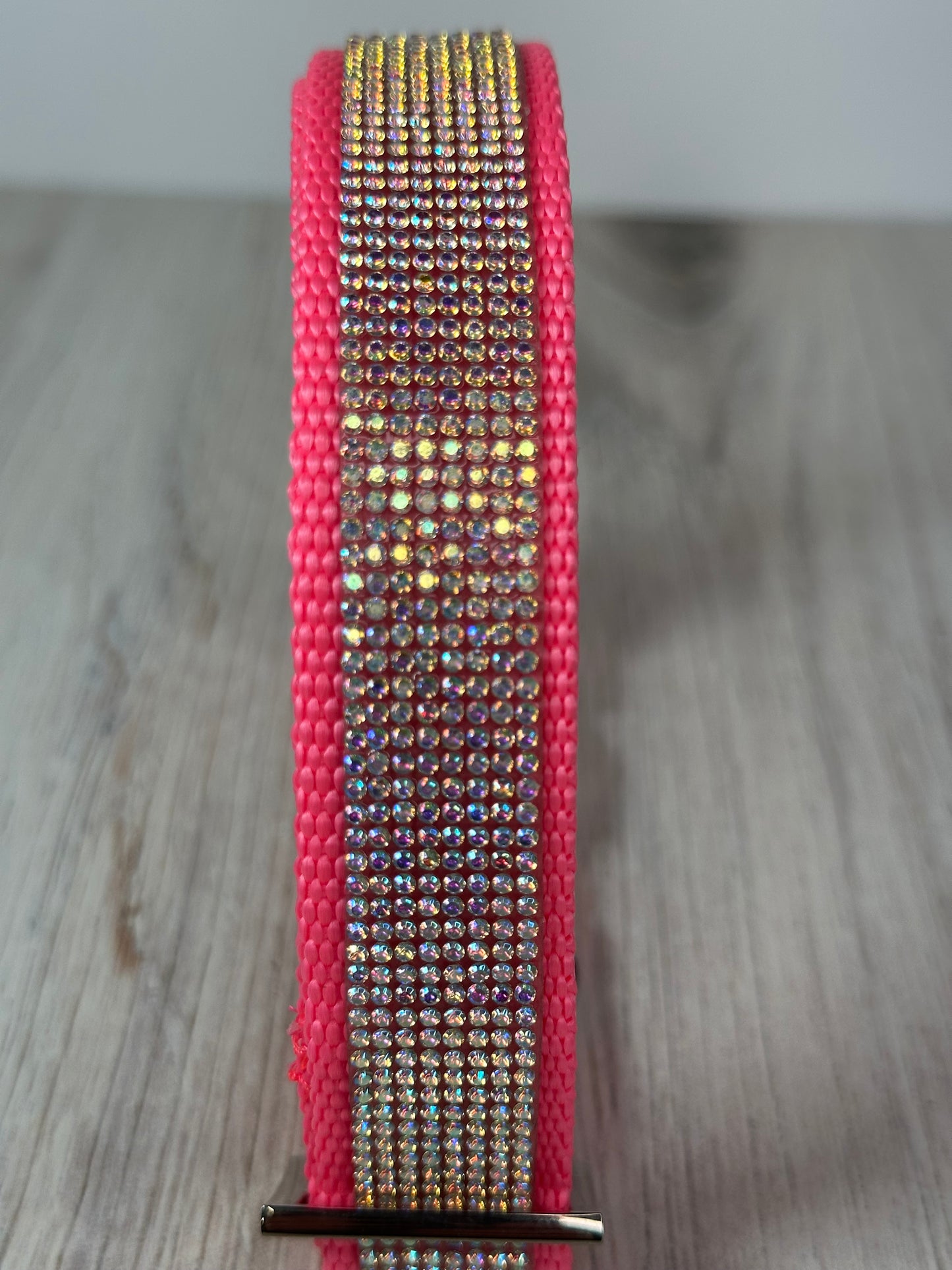 Rhinestone and Webbing Dog collar, Pink with AB Rhinestones and engrave-able silver hardware
