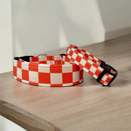 Orange and White Retro Checkered dog collar, handmade side release dog collar
