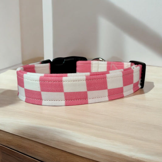 Pink and white Retro Checkered dog collar, handmade side release dog collar