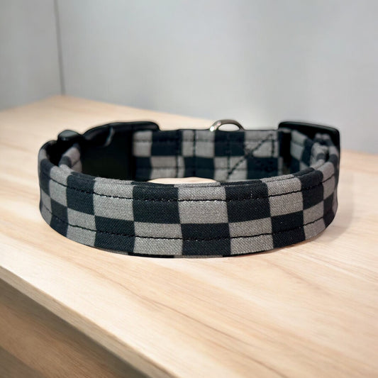 Black and Gray Retro Checkered dog collar, handmade side release dog collar
