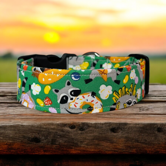 Trash Panda (Raccoon) and Junk Food Dog collar, handmade side release dog collar