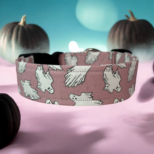 Ghosts on Pink Dog collar, Halloween Dog collar, handmade side release dog collar