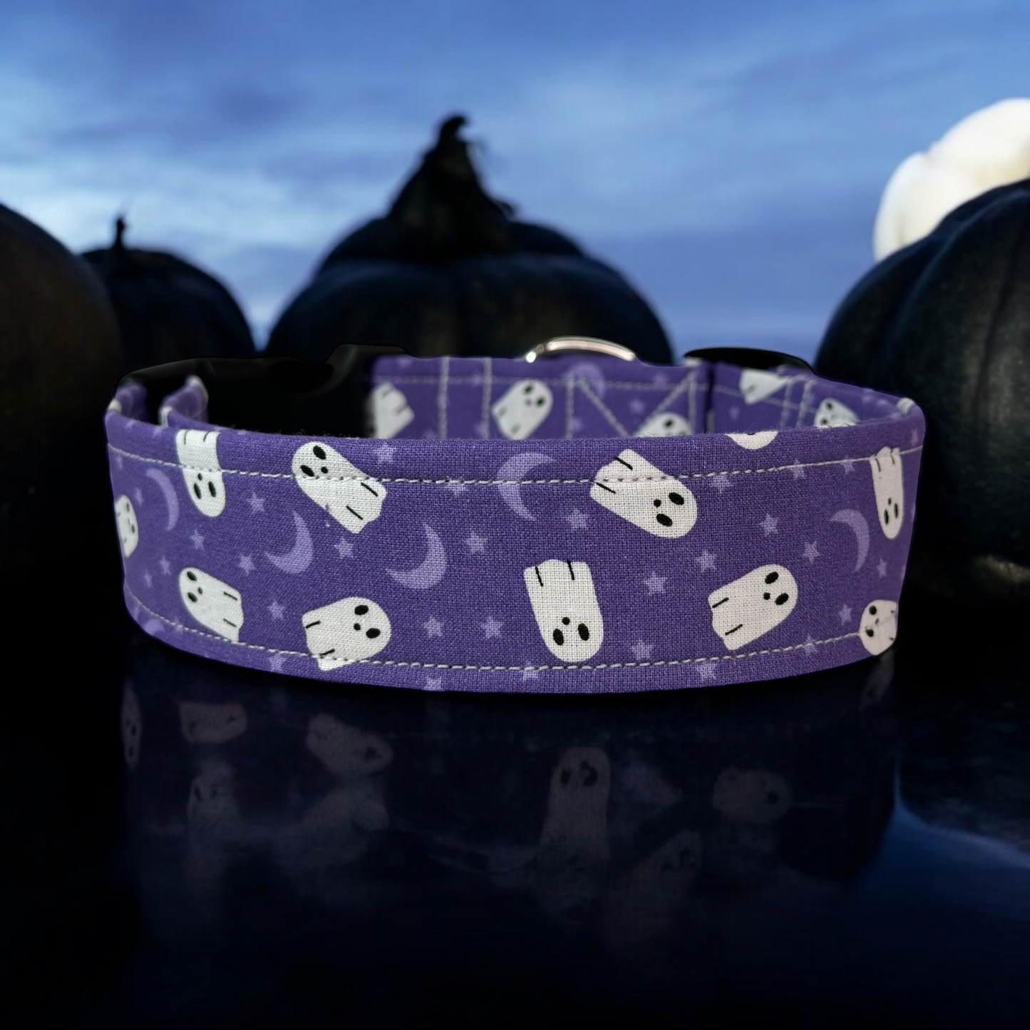 Ghosts on Purple Dog collar, Halloween Dog collar, handmade side release dog collar