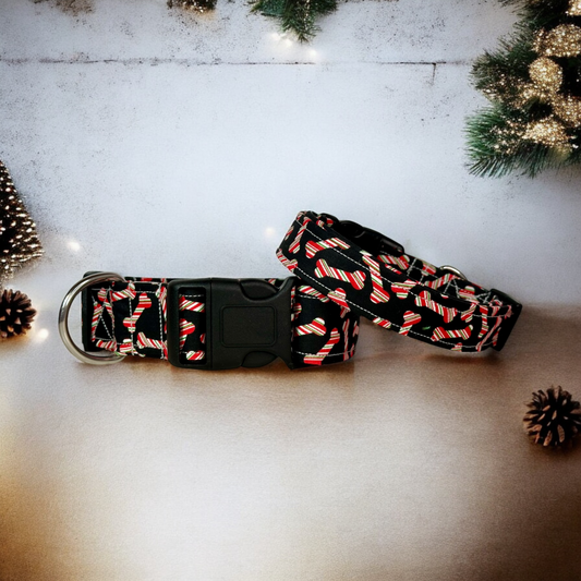Christmas Dog Bones Candy Canes Dog collar, handmade side release dog collar