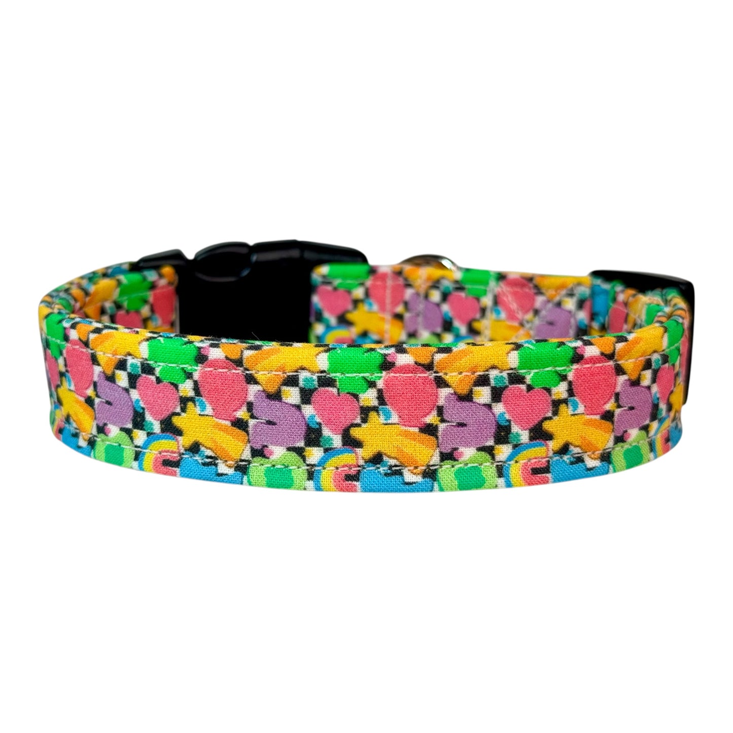 St Patricks Day Marshmallows on Checkered Print handmade Dog Collar: adjustable side release,  Washable cotton Fabric, webbing core, customizable hardware