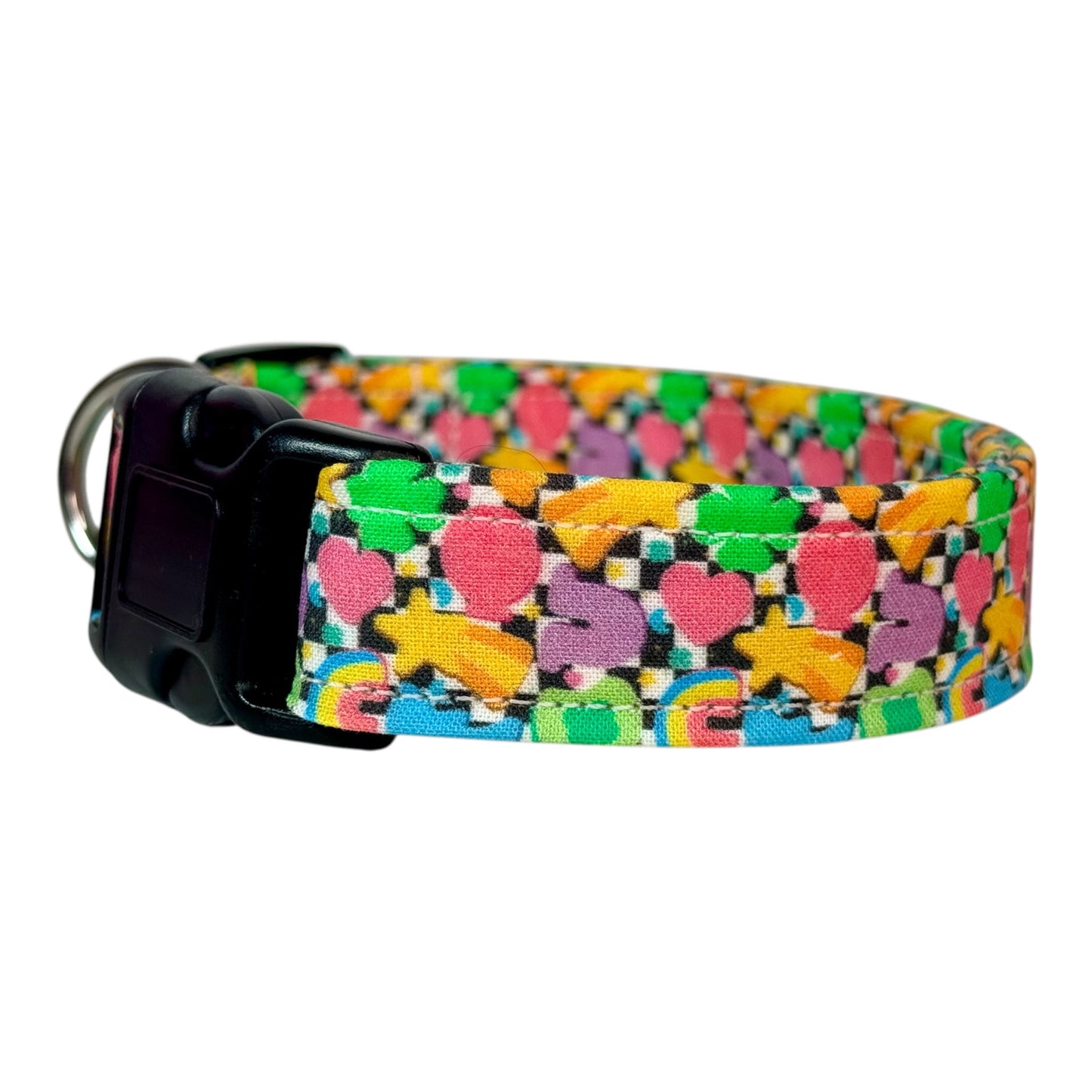 St Patricks Day Marshmallows on Checkered Print handmade Dog Collar: adjustable side release,  Washable cotton Fabric, webbing core, customizable hardware
