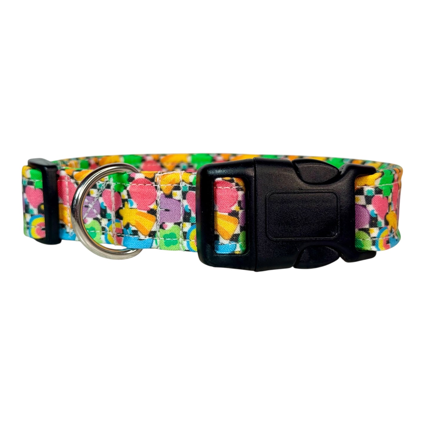 St Patricks Day Marshmallows on Checkered Print handmade Dog Collar: adjustable side release,  Washable cotton Fabric, webbing core, customizable hardware