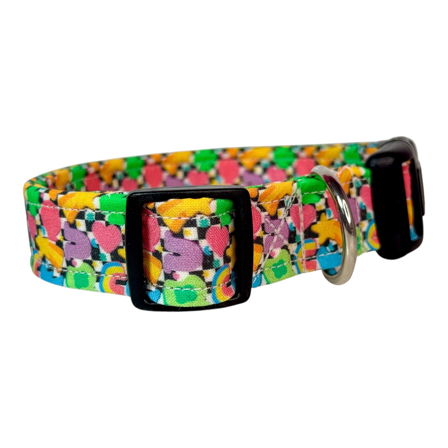 St Patricks Day Marshmallows on Checkered Print handmade Dog Collar: adjustable side release,  Washable cotton Fabric, webbing core, customizable hardware