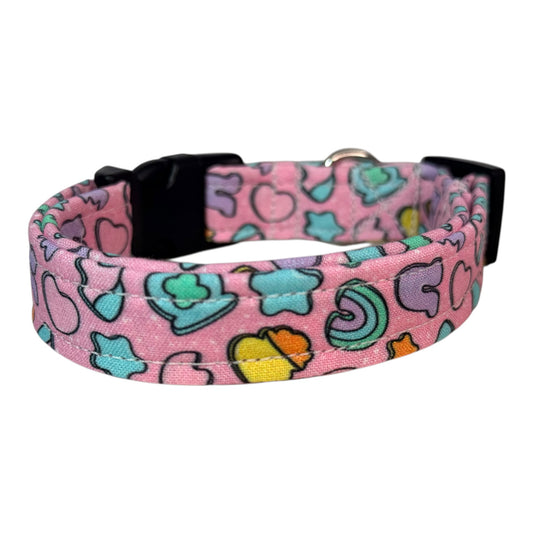 Cereal Marshmallows handmade food Dog Collar: adjustable side release,  Washable cotton Fabric, webbing core, customizable hardware, PINK