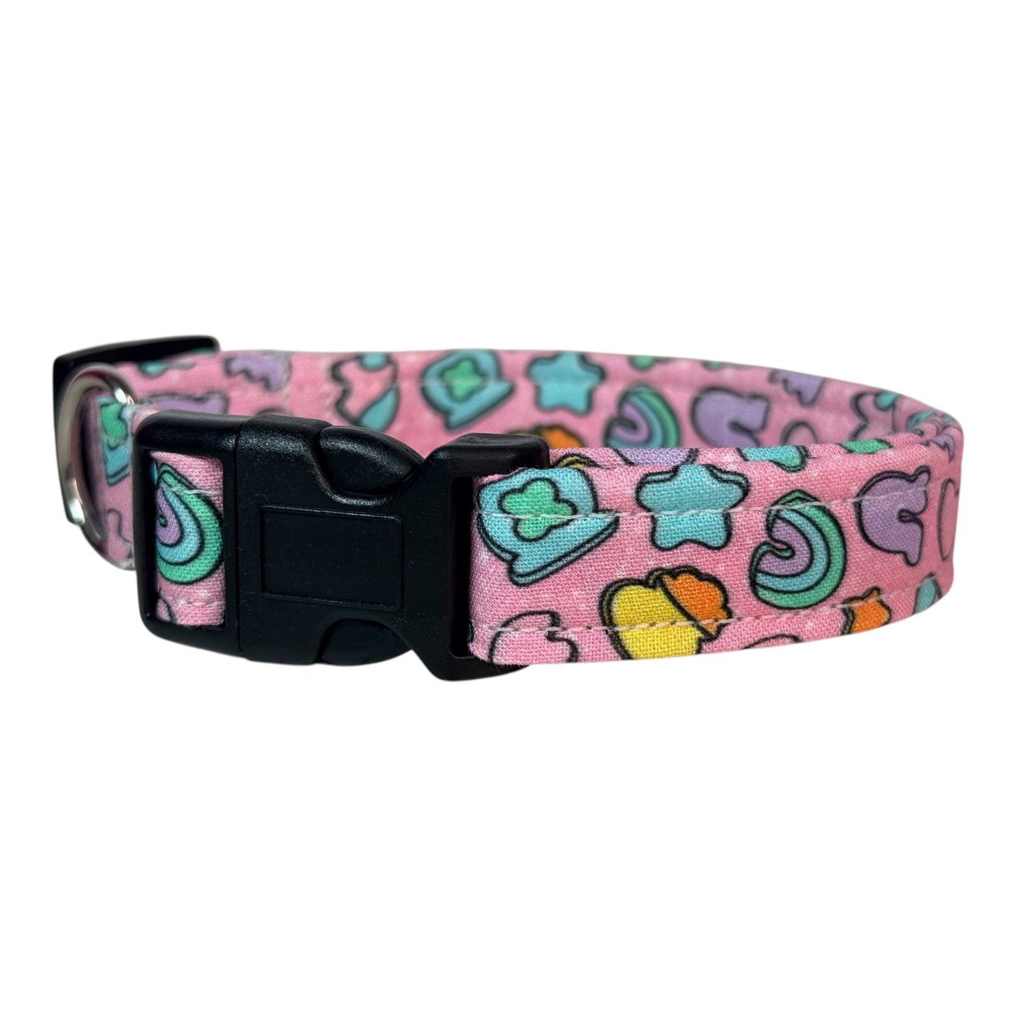 Cereal Marshmallows handmade food Dog Collar: adjustable side release,  Washable cotton Fabric, webbing core, customizable hardware, PINK