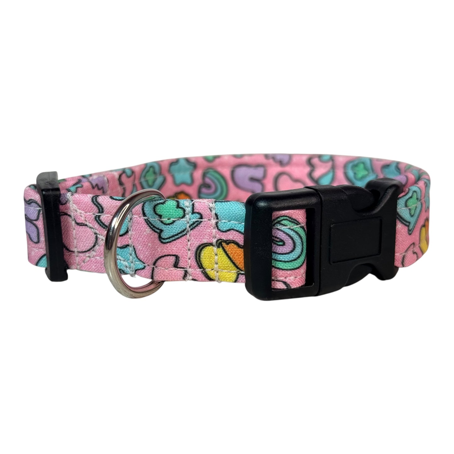 Cereal Marshmallows handmade food Dog Collar: adjustable side release,  Washable cotton Fabric, webbing core, customizable hardware, PINK