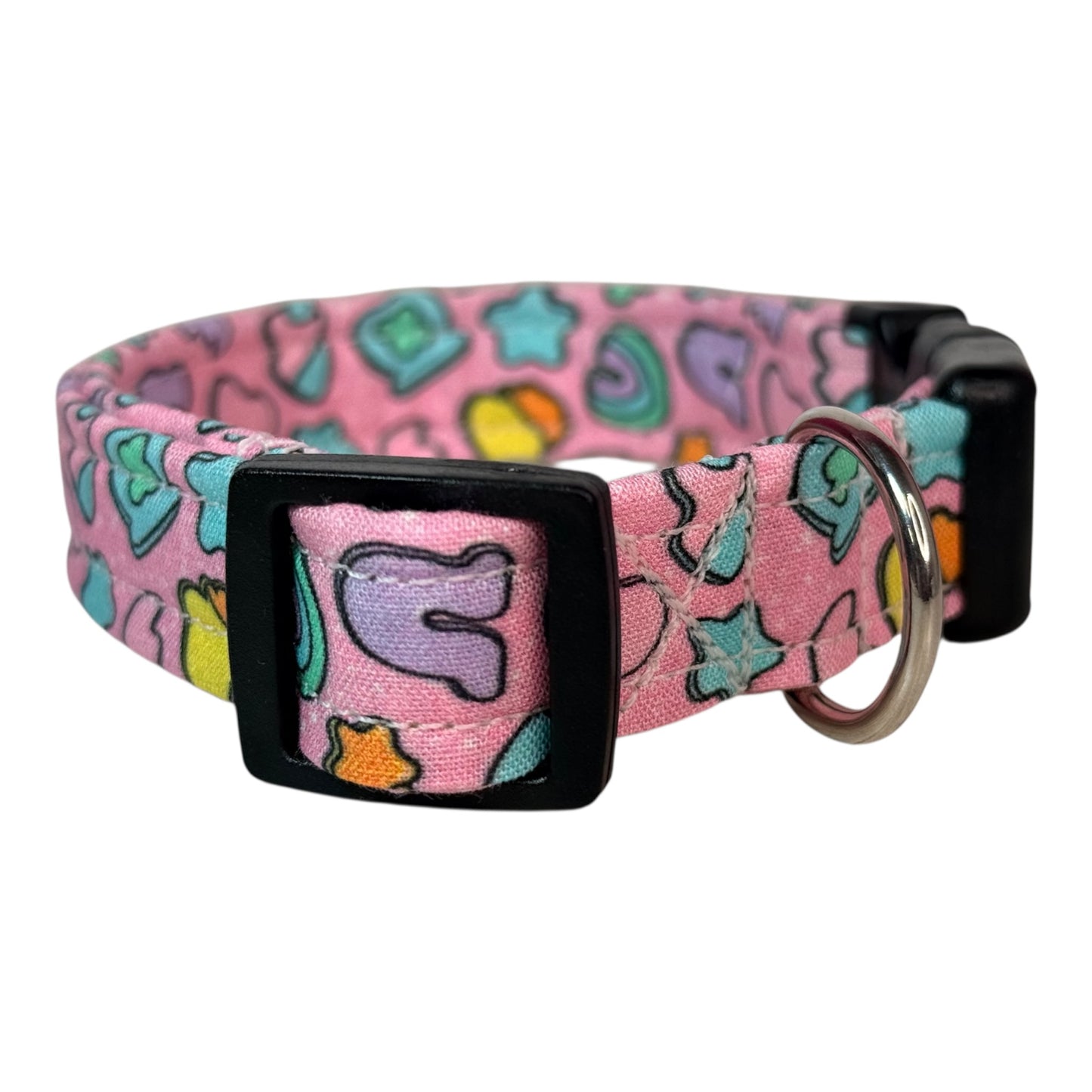 Cereal Marshmallows handmade food Dog Collar: adjustable side release,  Washable cotton Fabric, webbing core, customizable hardware, PINK