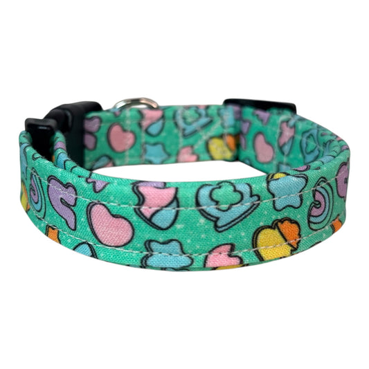 Cereal Marshmallows handmade food Dog Collar: adjustable side release,  Washable cotton Fabric, webbing core, customizable hardware, GREEN