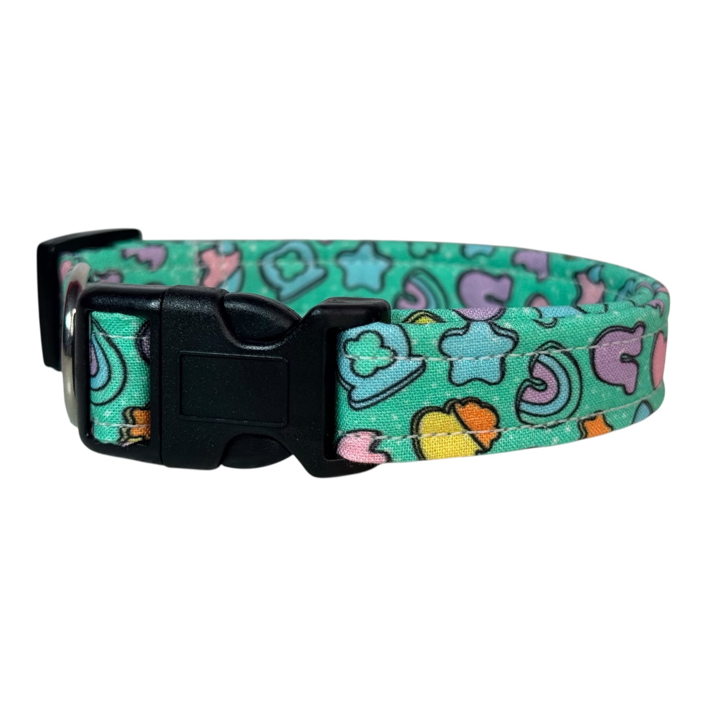 Cereal Marshmallows handmade food Dog Collar: adjustable side release,  Washable cotton Fabric, webbing core, customizable hardware, GREEN