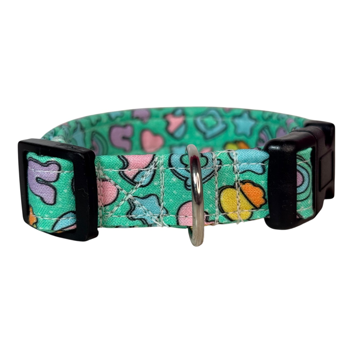 Cereal Marshmallows handmade food Dog Collar: adjustable side release,  Washable cotton Fabric, webbing core, customizable hardware, GREEN
