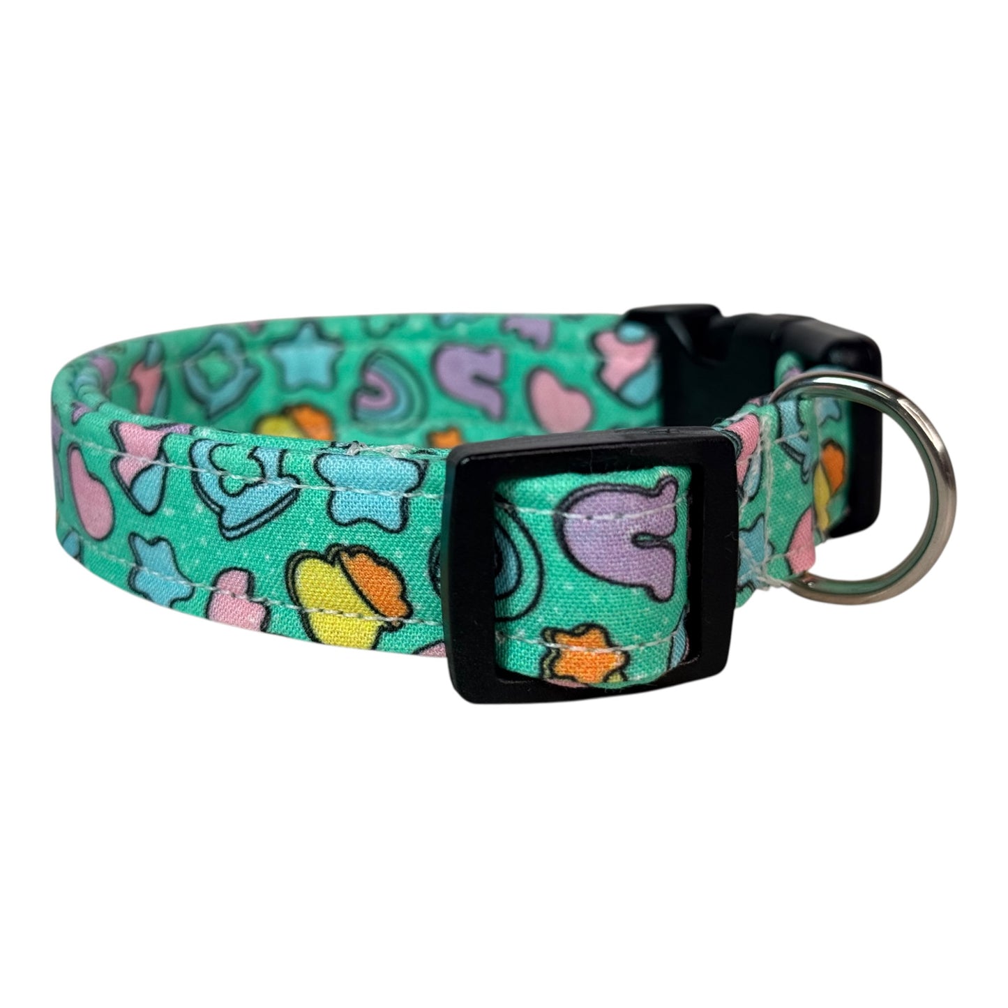 Cereal Marshmallows handmade food Dog Collar: adjustable side release,  Washable cotton Fabric, webbing core, customizable hardware, GREEN