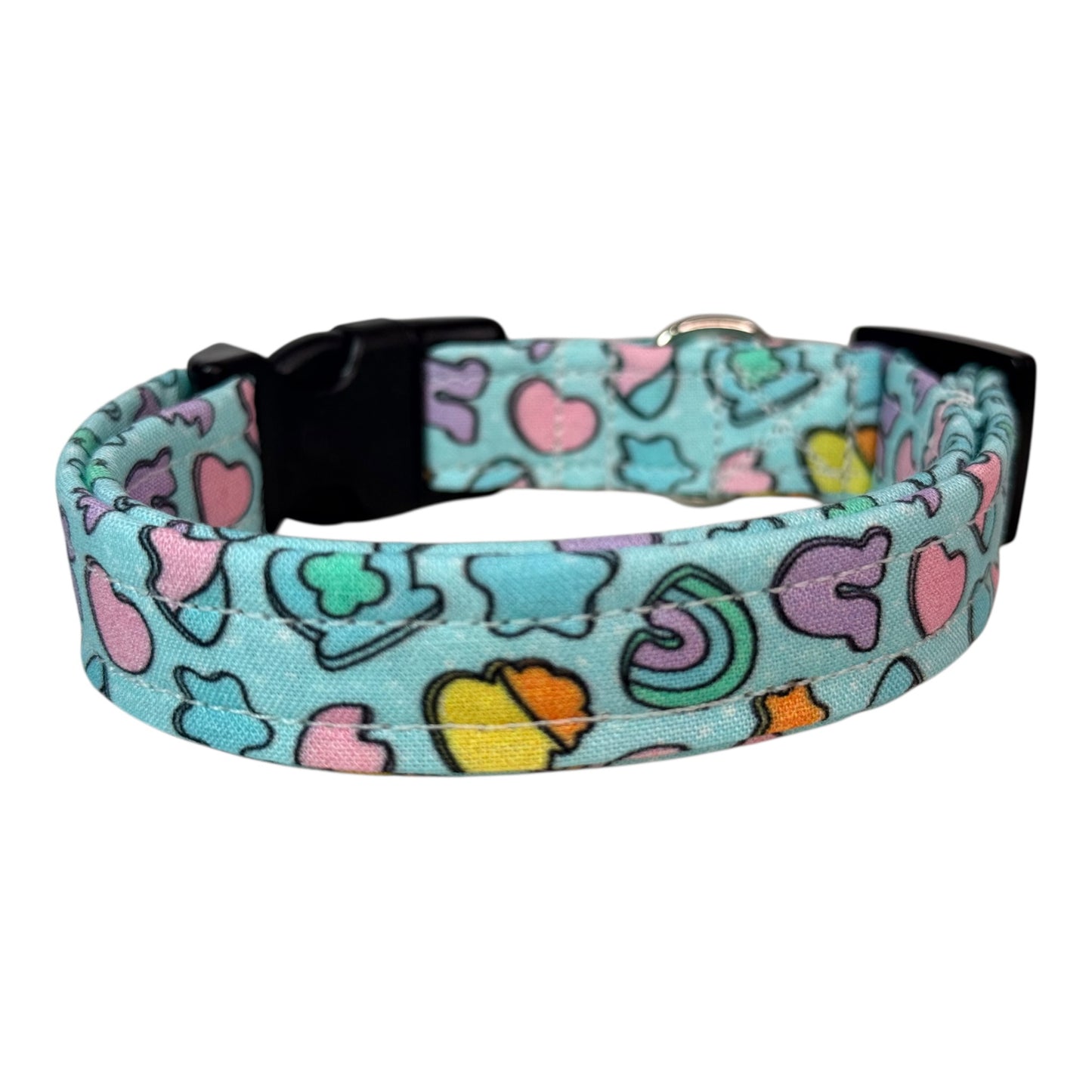 Cereal Marshmallows handmade food Dog Collar: adjustable side release,  Washable cotton Fabric, webbing core, customizable hardware, BLUE