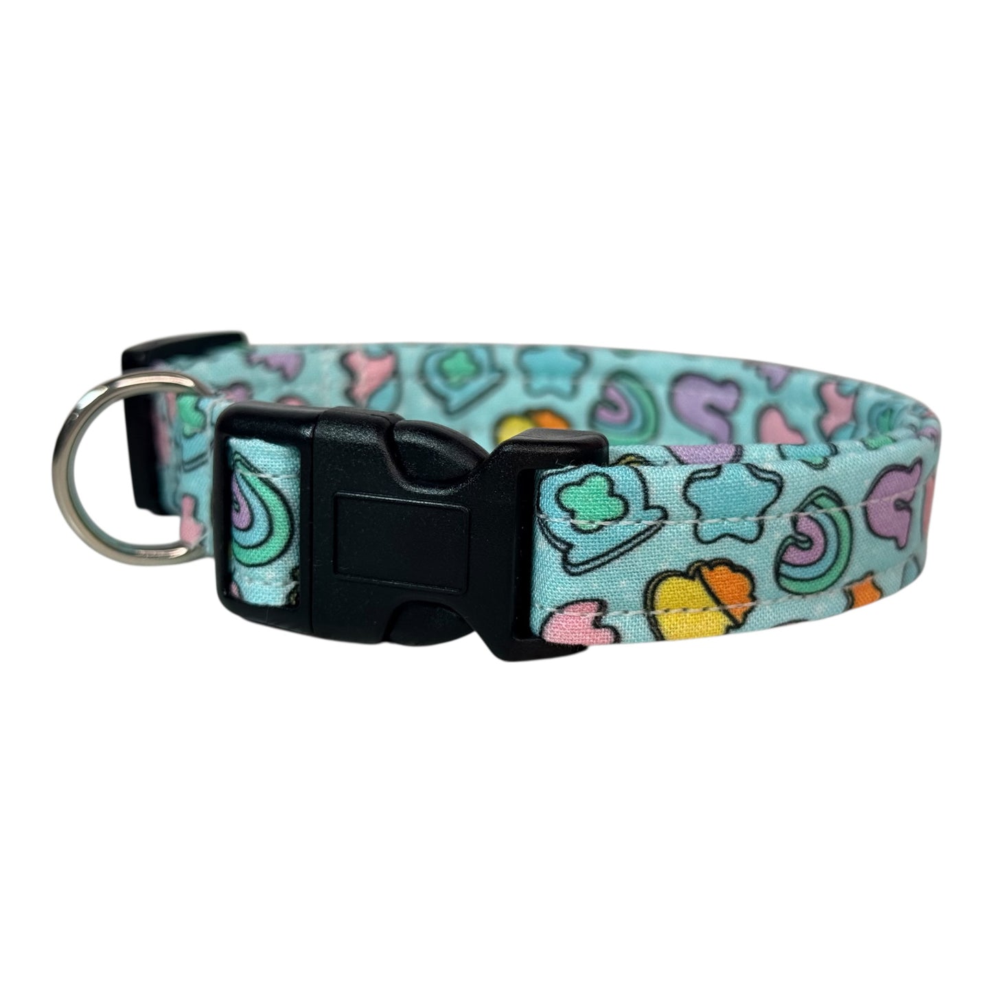 Cereal Marshmallows handmade food Dog Collar: adjustable side release,  Washable cotton Fabric, webbing core, customizable hardware, BLUE