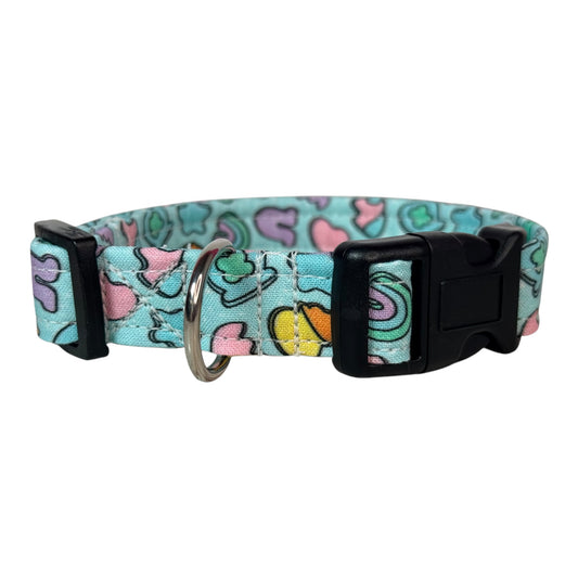 Cereal Marshmallows handmade food Dog Collar: adjustable side release,  Washable cotton Fabric, webbing core, customizable hardware, BLUE