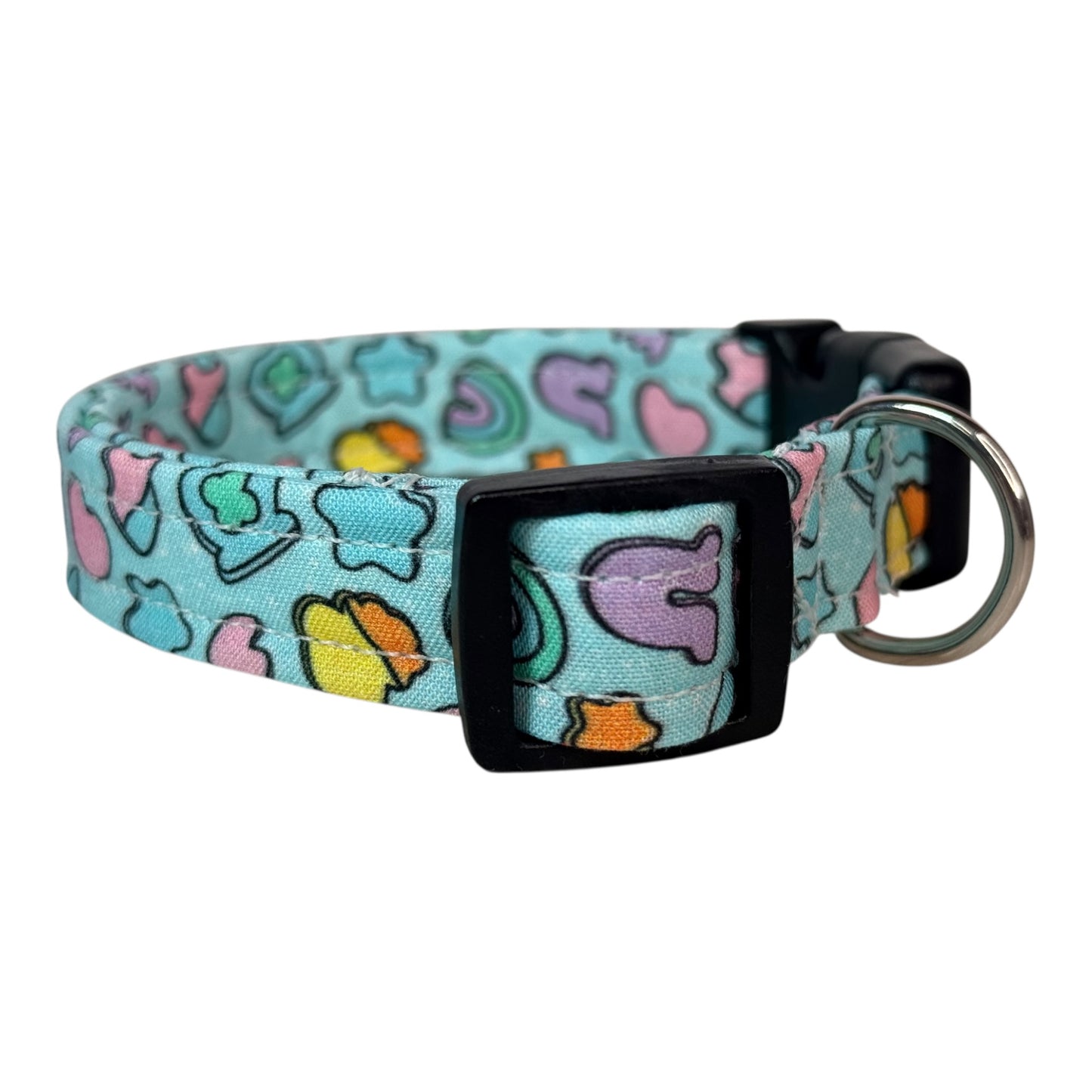 Cereal Marshmallows handmade food Dog Collar: adjustable side release,  Washable cotton Fabric, webbing core, customizable hardware, BLUE