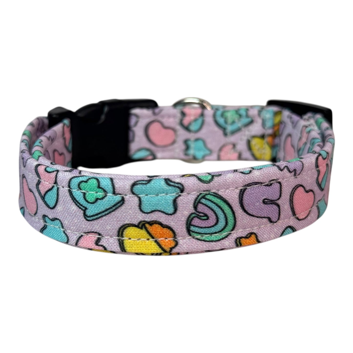 Cereal Marshmallows handmade food Dog Collar: adjustable side release,  Washable cotton Fabric, webbing core, customizable hardware, PURPLE
