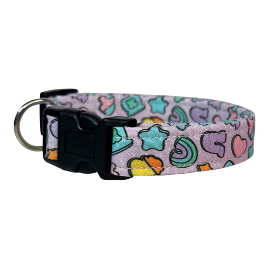 Cereal Marshmallows handmade food Dog Collar: adjustable side release,  Washable cotton Fabric, webbing core, customizable hardware, PURPLE