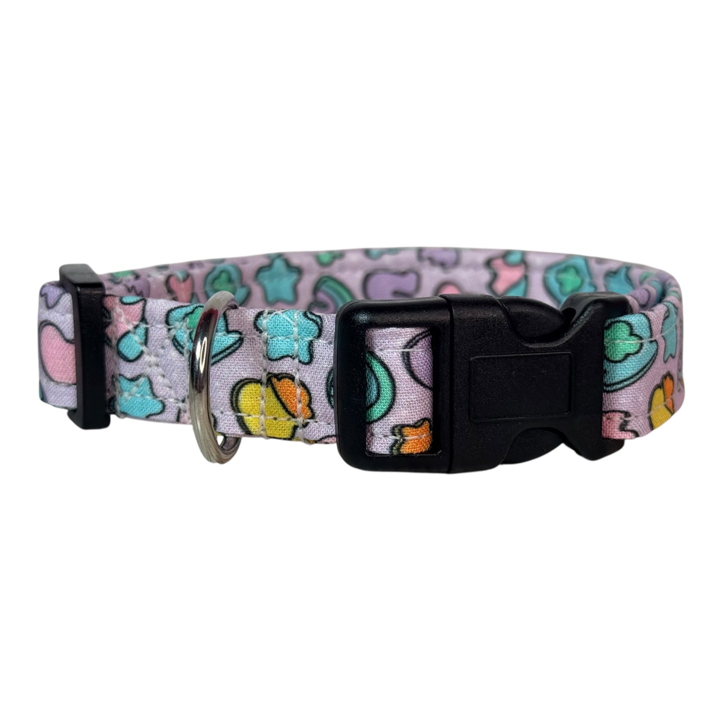 Cereal Marshmallows handmade food Dog Collar: adjustable side release,  Washable cotton Fabric, webbing core, customizable hardware, PURPLE
