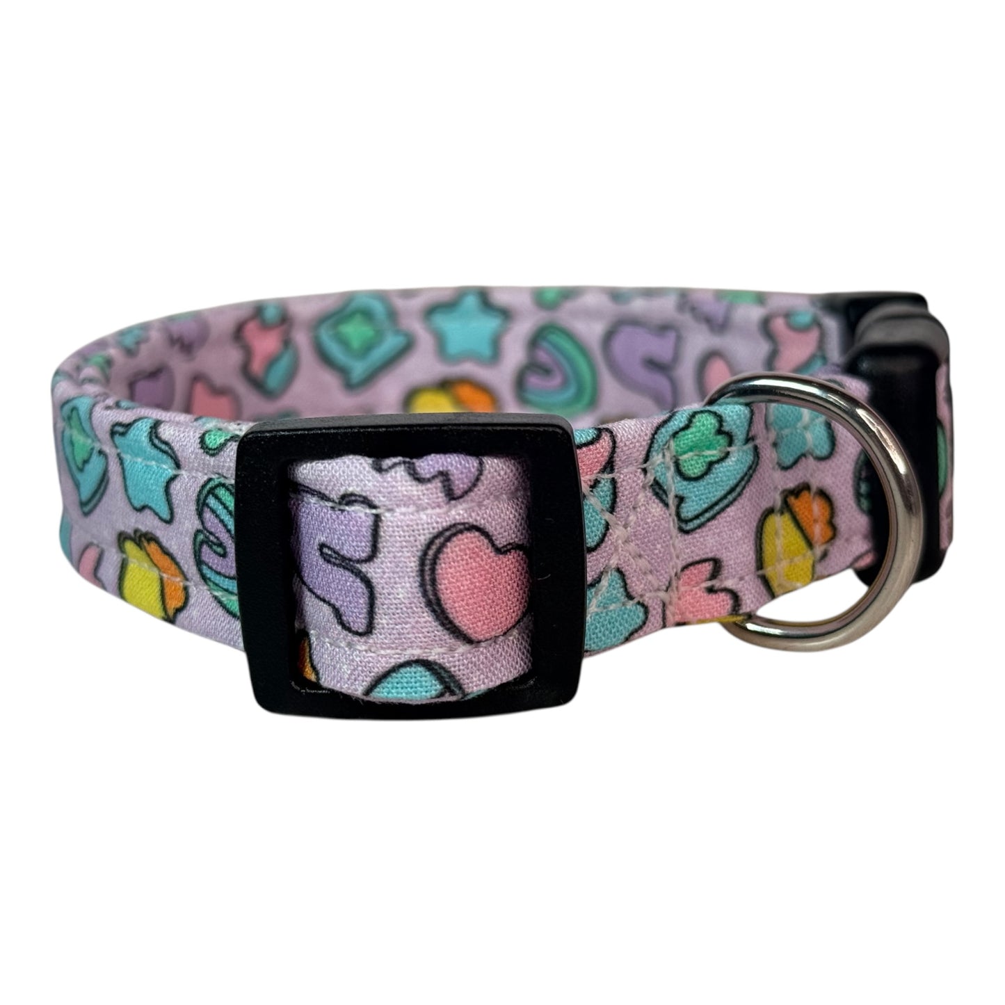 Cereal Marshmallows handmade food Dog Collar: adjustable side release,  Washable cotton Fabric, webbing core, customizable hardware, PURPLE