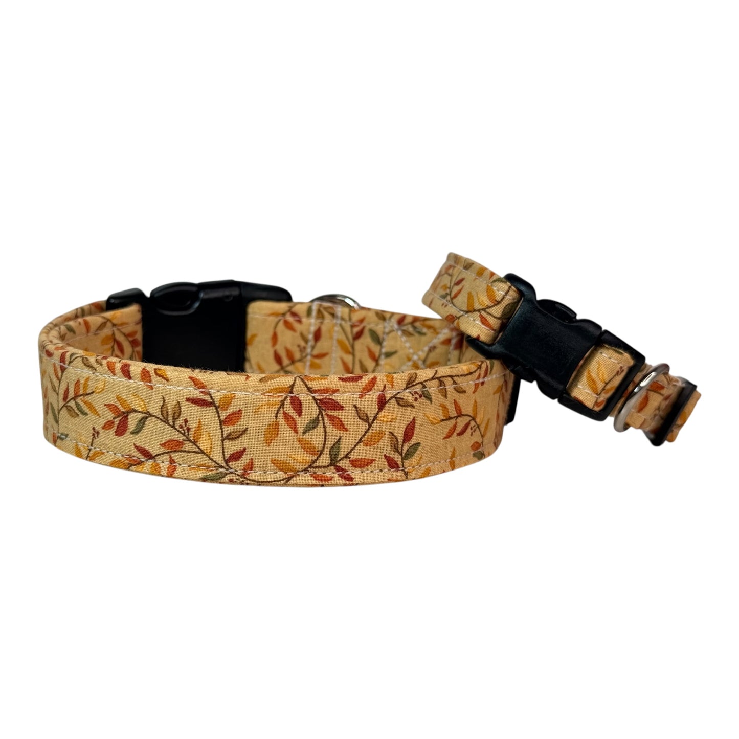 Fall Leaves and Vines Print Handmade dog collar, adjustable side release, Handmade Pet Collar with Heavy-Duty Webbing, washable fabric