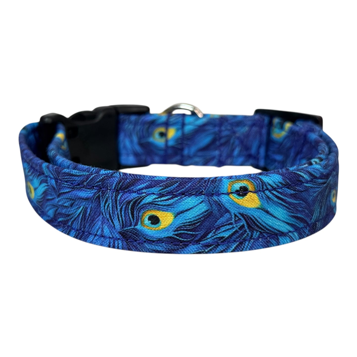 Blue Peacock Feather Print Handmade dog collar, adjustable side release, Handmade Pet Collar with Heavy-Duty Webbing, washable fabric