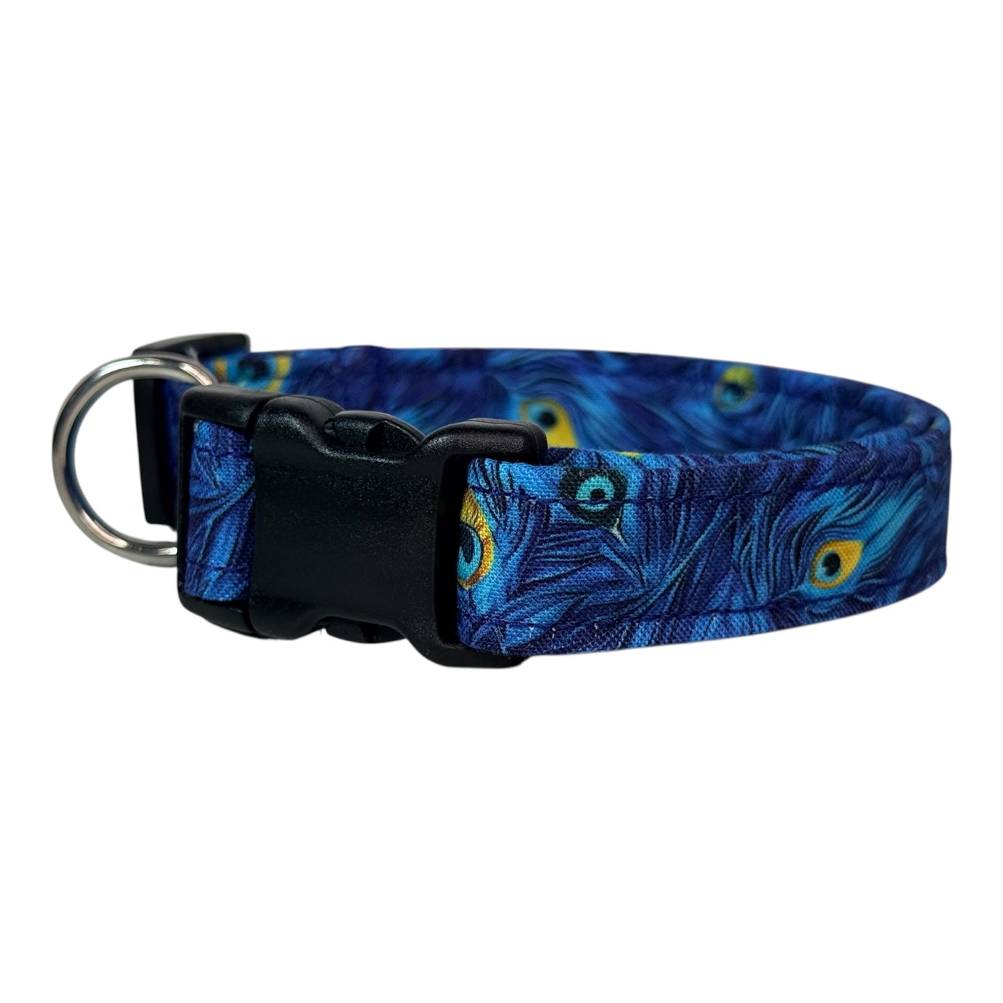 Blue Peacock Feather Print Handmade dog collar, adjustable side release, Handmade Pet Collar with Heavy-Duty Webbing, washable fabric