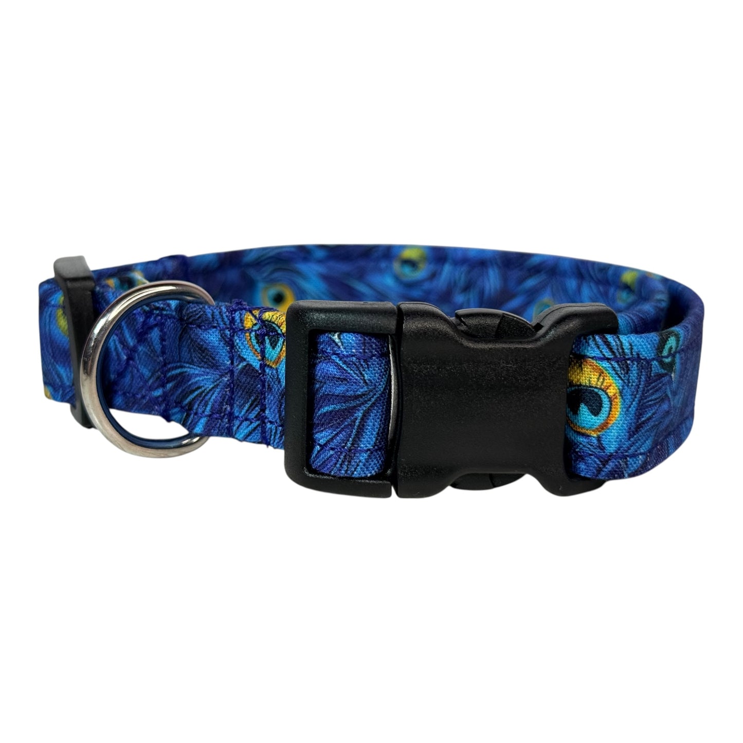 Blue Peacock Feather Print Handmade dog collar, adjustable side release, Handmade Pet Collar with Heavy-Duty Webbing, washable fabric