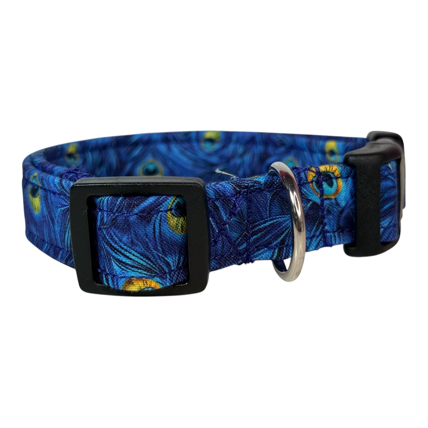 Blue Peacock Feather Print Handmade dog collar, adjustable side release, Handmade Pet Collar with Heavy-Duty Webbing, washable fabric