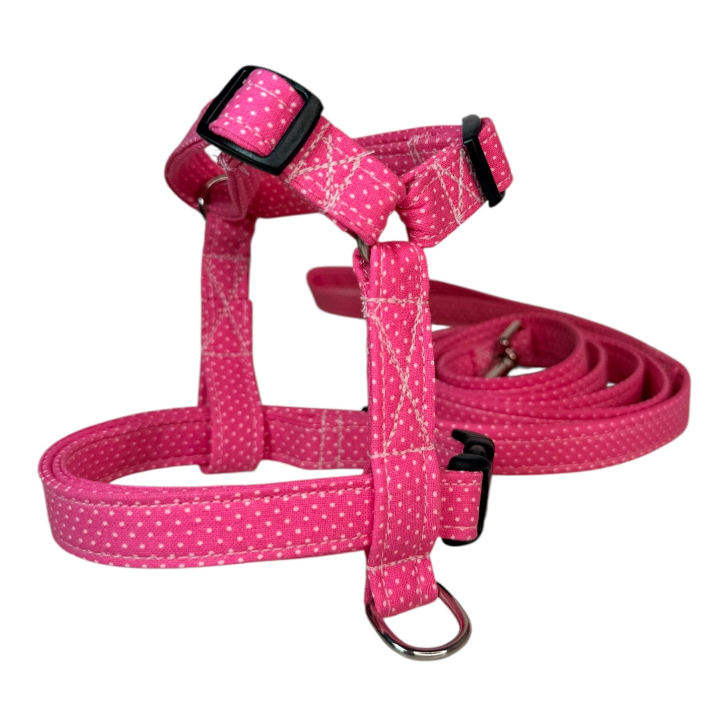 Sweetheart Pink Polka dot Dog harness, Standard roman harness or Step in harness. With or without matching leash