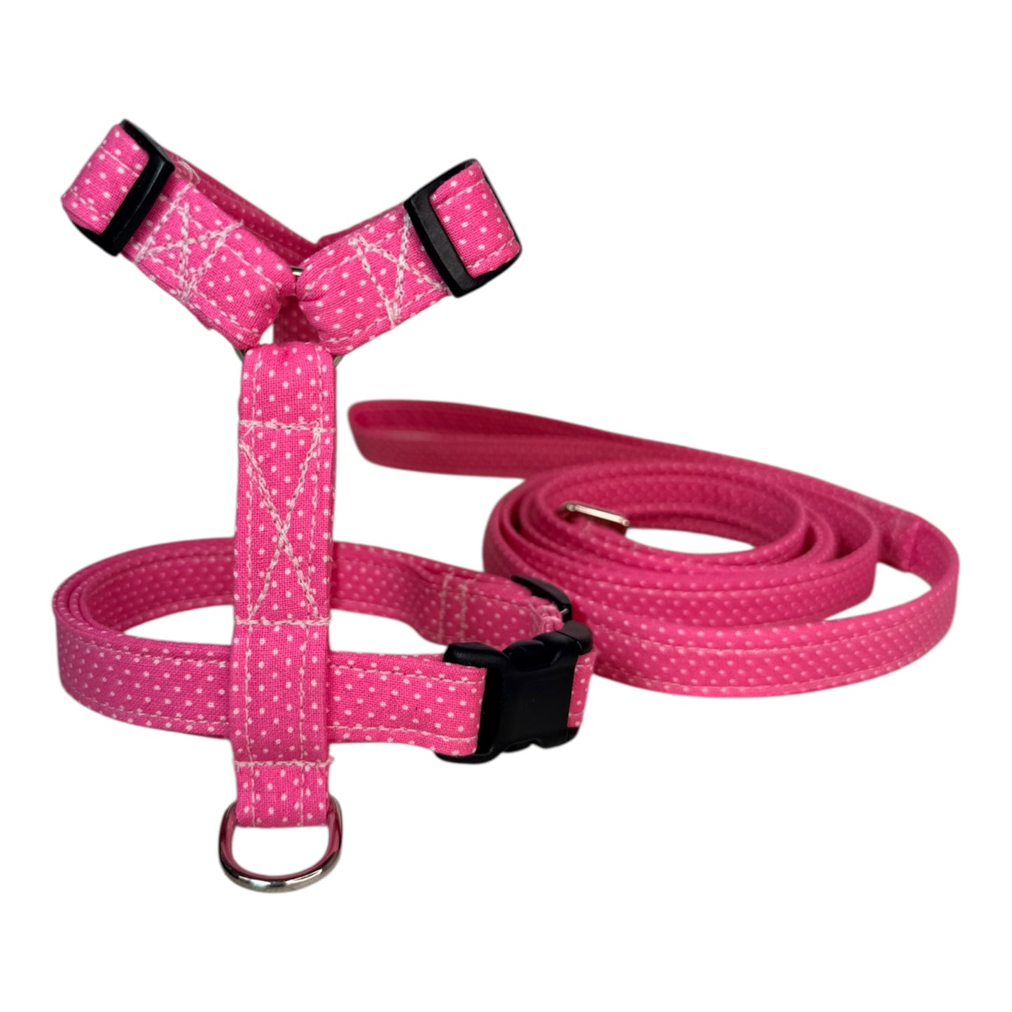 Sweetheart Pink Polka dot Dog harness, Standard roman harness or Step in harness. With or without matching leash