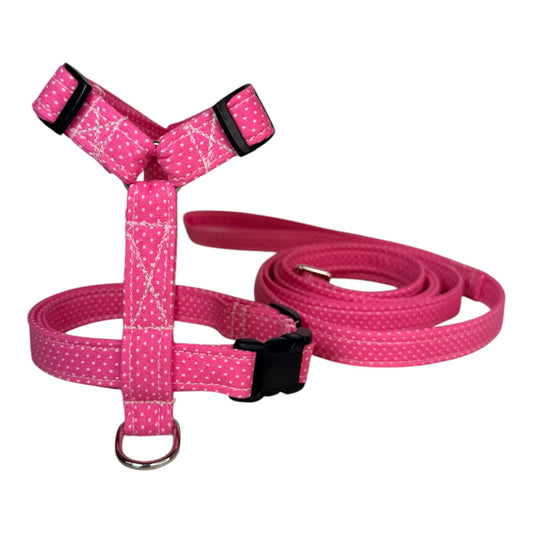 Sweetheart Pink Polka dot Dog harness, Standard roman harness or Step in harness. With or without matching leash