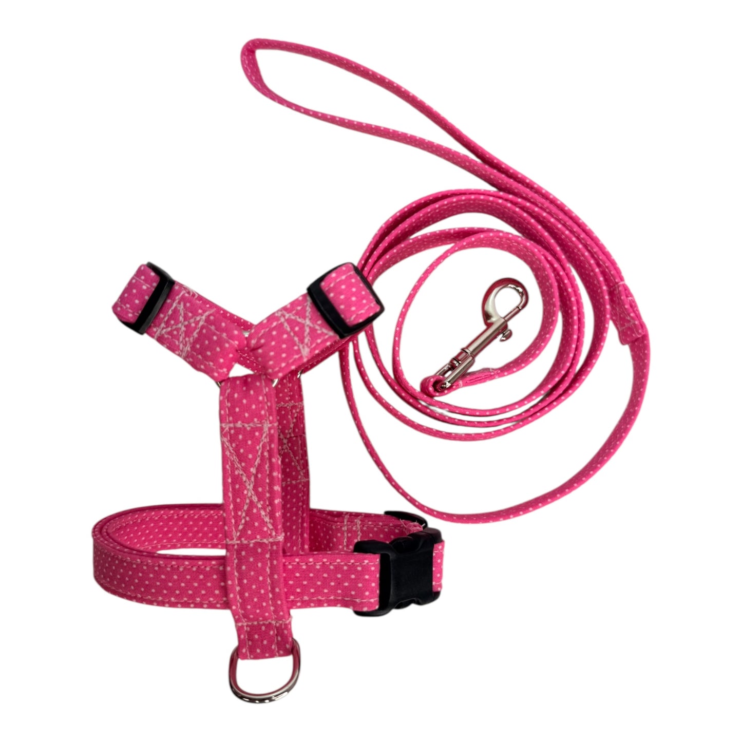 Sweetheart Pink Polka dot Dog harness, Standard roman harness or Step in harness. With or without matching leash