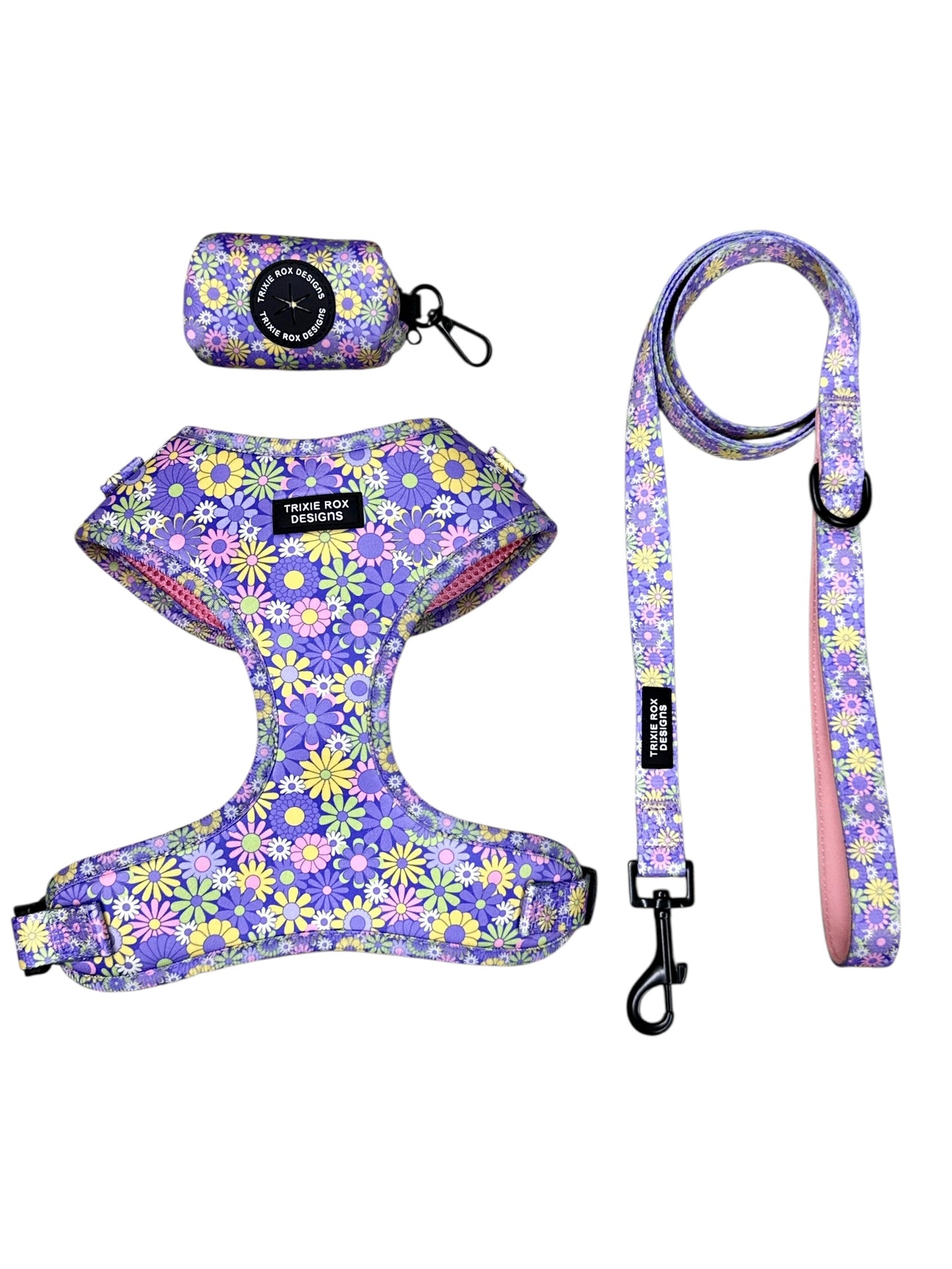 Purple Floral Neoprene Dog Harness – Adjustable & Comfortable | Add Matching Leash & Poop Bag Set