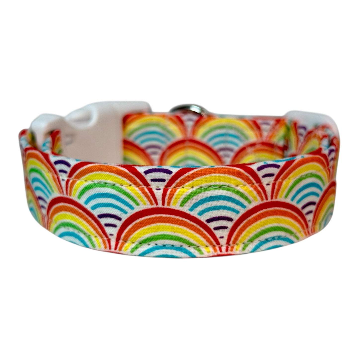 Rainbow Handmade dog collar: Adjustable side release, washable cotton fabric, webbing core, customizable hardware