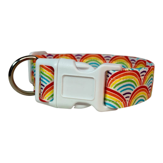 Rainbow Handmade dog collar: Adjustable side release, washable cotton fabric, webbing core, customizable hardware
