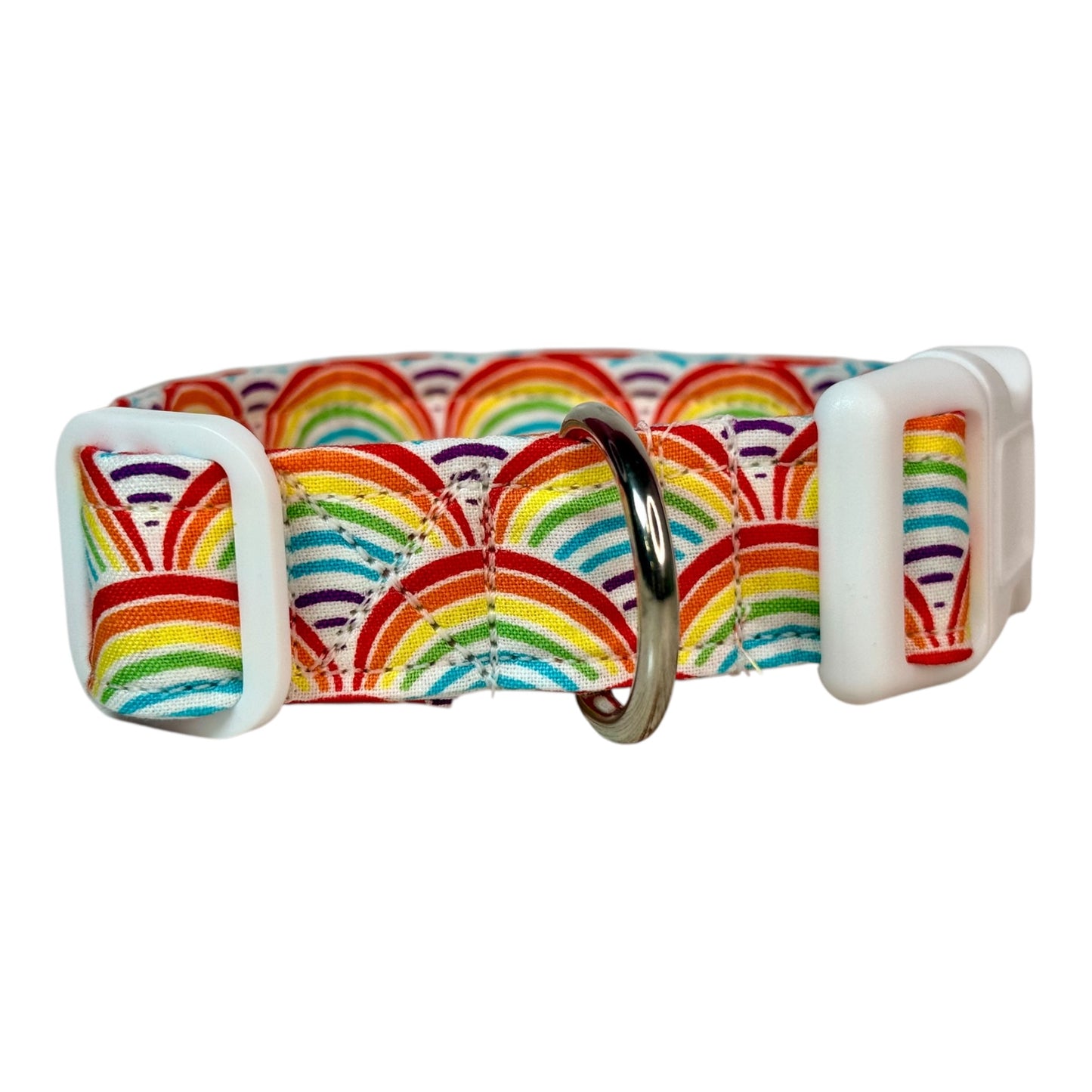 Rainbow Handmade dog collar: Adjustable side release, washable cotton fabric, webbing core, customizable hardware