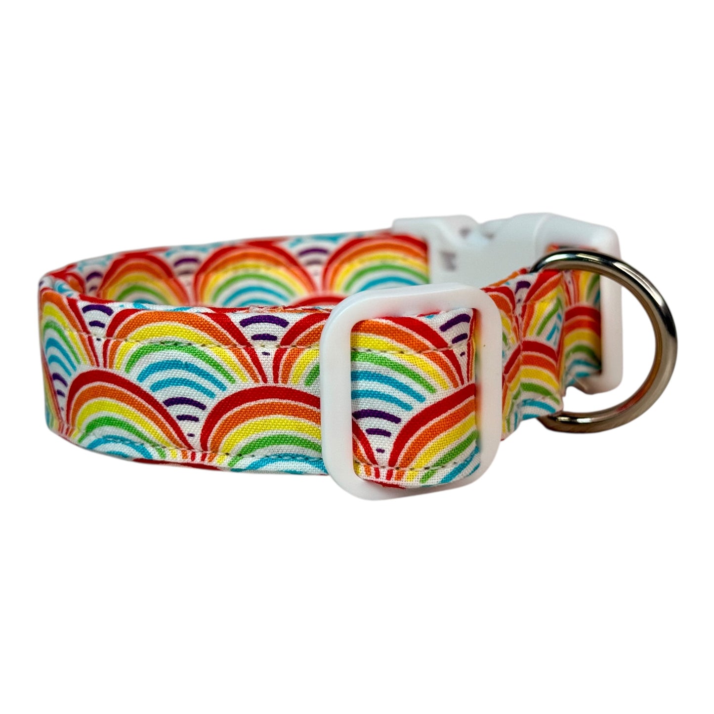 Rainbow Handmade dog collar: Adjustable side release, washable cotton fabric, webbing core, customizable hardware