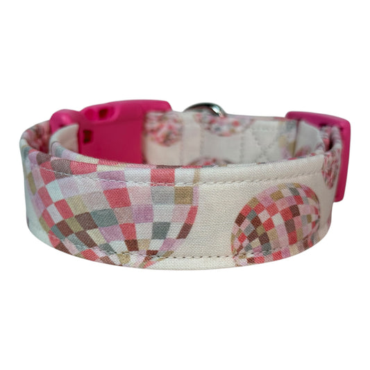 Disco Ball Handmade dog collar: Adjustable side release, washable cotton fabric, webbing core, customizable hardware