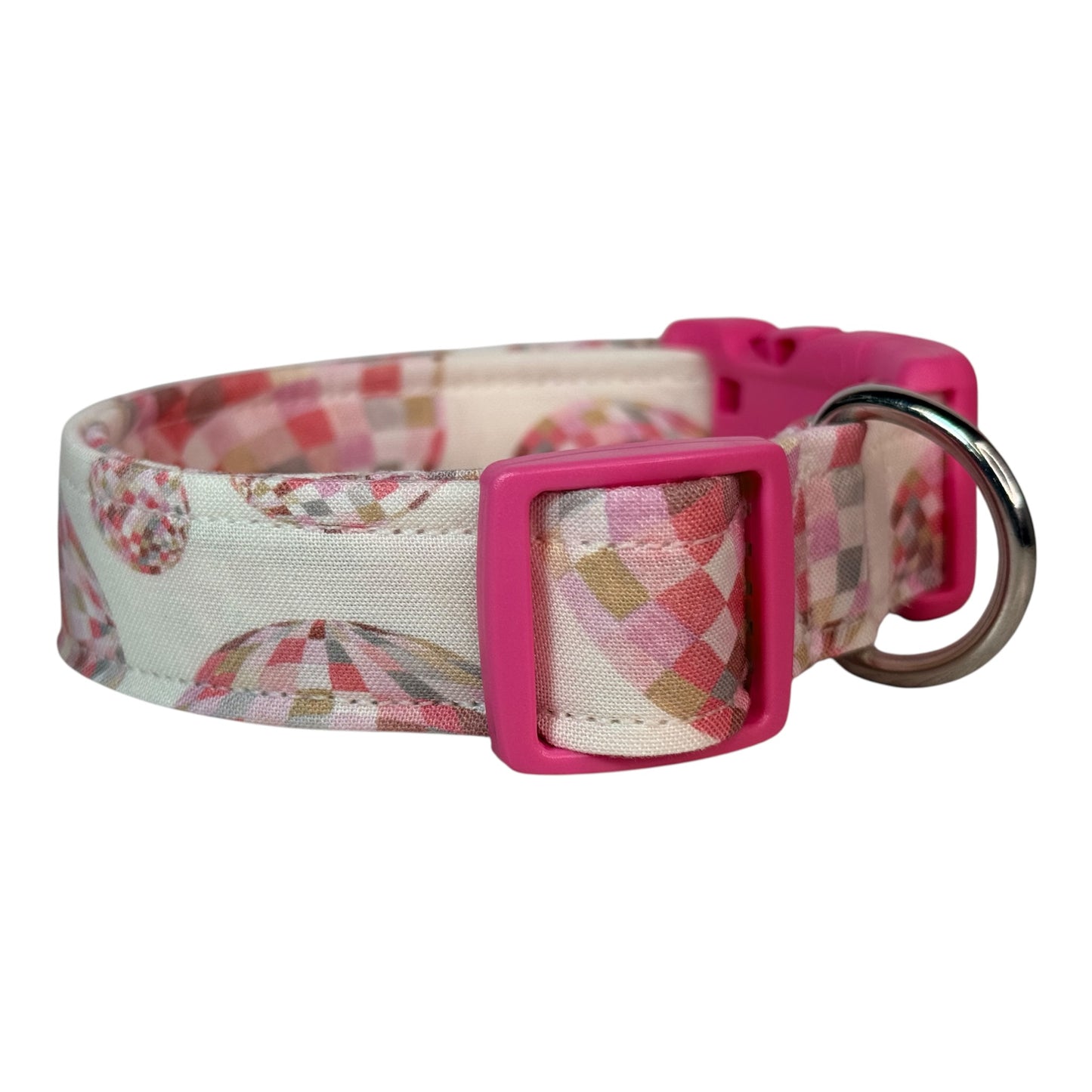 Disco Ball Handmade dog collar: Adjustable side release, washable cotton fabric, webbing core, customizable hardware